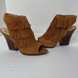Vince Camuto Shoes Bootie Brown Suede Fringe Peep Toe Heeled Bootie Shoes